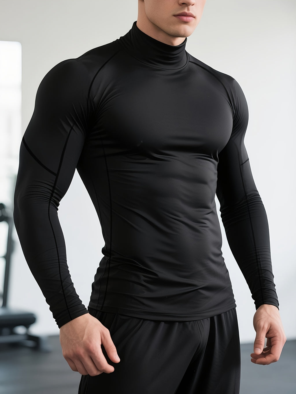 Men's long-sleeved thermal T-shirt, slim fit, stretch fabric, high collar, ideal for sports, running and outdoor activities in cold conditions.