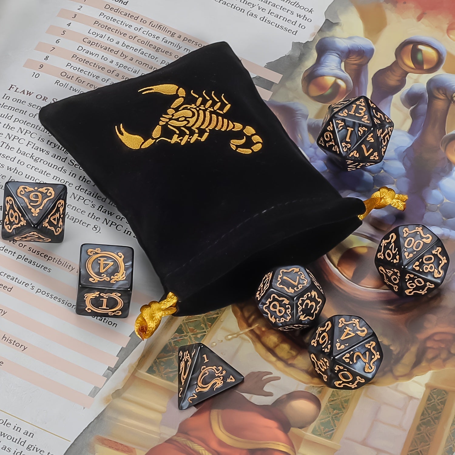 Jeu de dés polyédriques premium (7 pièces) avec sac à cordon pour D&D, RPG et jeux de table. Idéal pour les jeux de rôle, Halloween, Noël et aventures fantastiques.