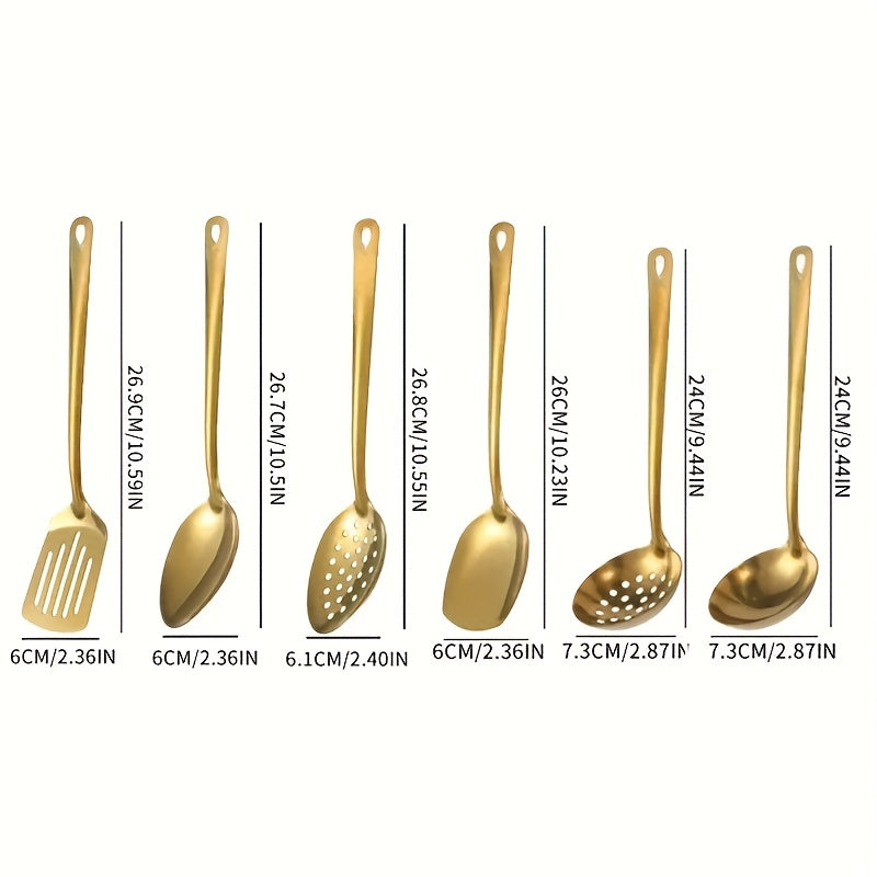 Set d’Ustensiles de Cuisine Coréens Dorés (6 pcs) : Acier inoxydable plaqué or, louches et spatules essentielles, idéal cuisson, service et buffets.