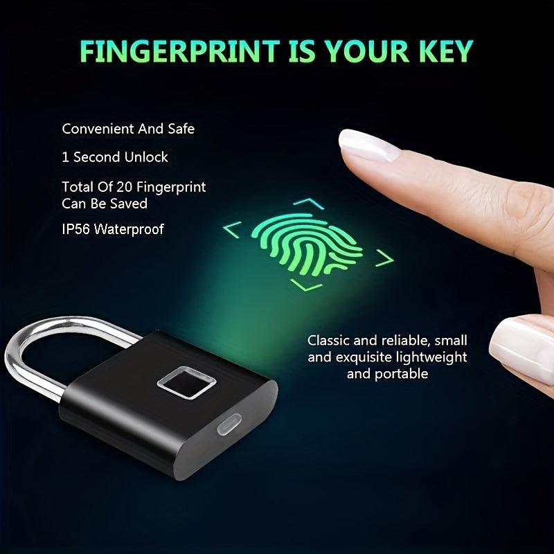 Compact smart fingerprint padlock, waterproof, keyless, USB rechargeable, lightweight aluminum, ideal for suitcases and backpacks.