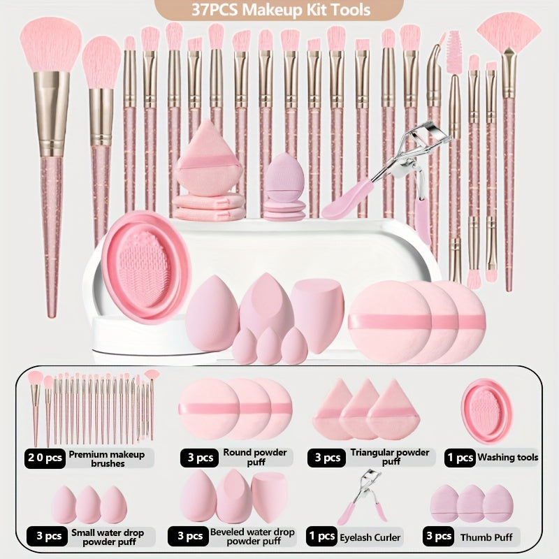 Set cadeau maquillage 37 pcs, pinceaux, éponges, accessoires nettoyage, polyvalent pour poudres, fond de teint et soins beauté précis.