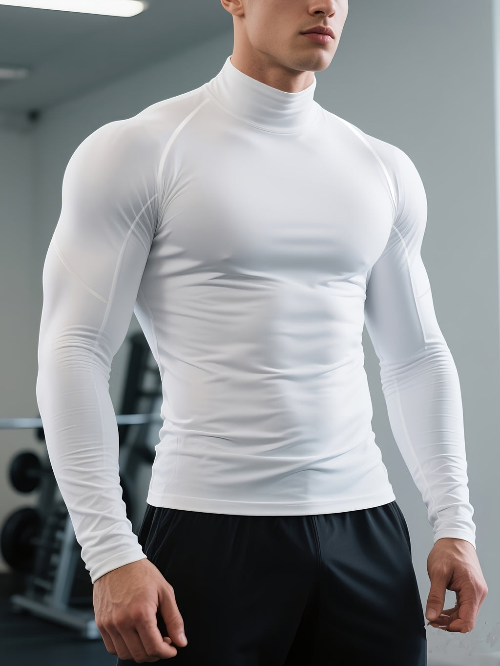 T-shirt de fitness homme à séchage rapide, col haut et manches longues, ajusté, parfait pour le gym, boxe et entraînements toute saison.