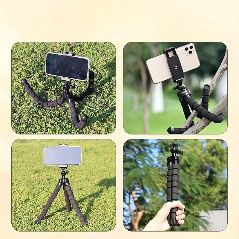 Flexible Octopus Tripod: Portable support for smartphone and camera, 360° rotation, foam grip, adjustable, universal clip, ideal for photo and video.