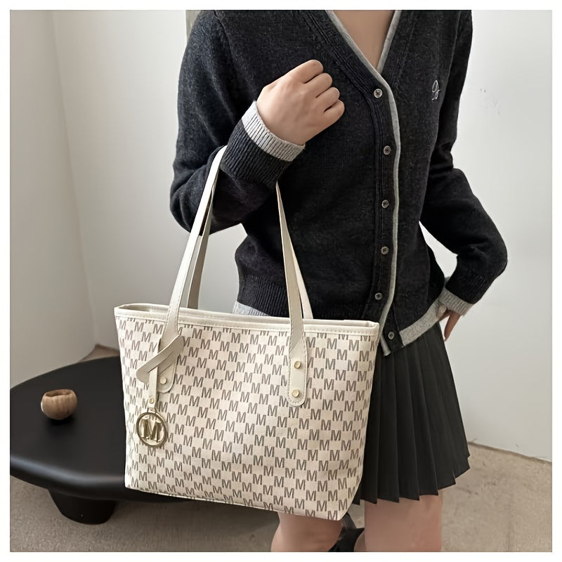 Large designer-inspired women's tote bag, geometric synthetic leather, removable gold chain shoulder strap, 'M' monogram, lightweight for office, school or shopping.