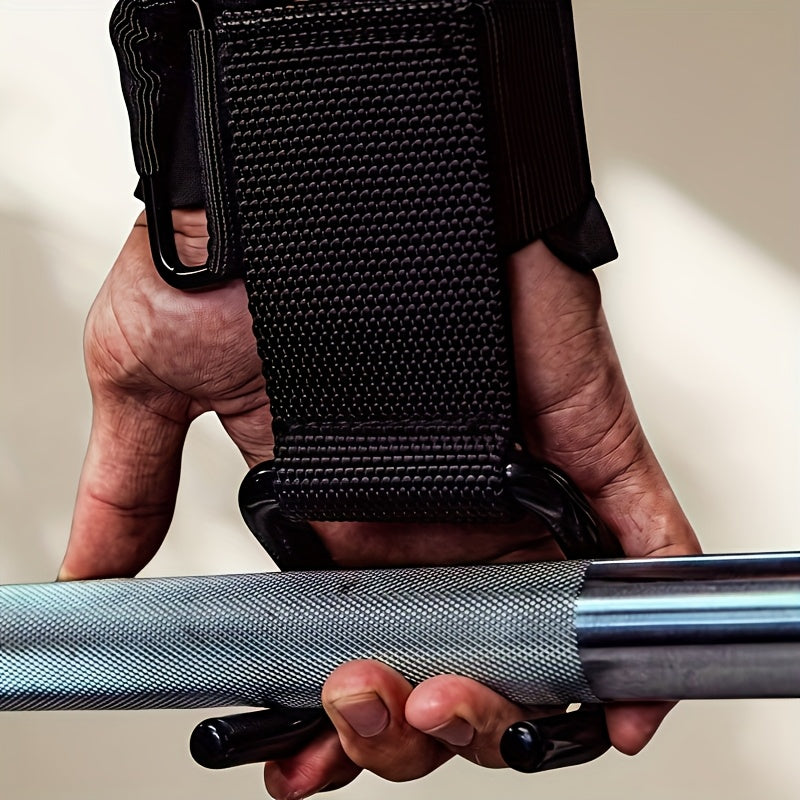 Set of 2 lifting hooks with adjustable wrist support bands, ideal for deadlifts, pull-ups and dumbbells, assistance for all levels.