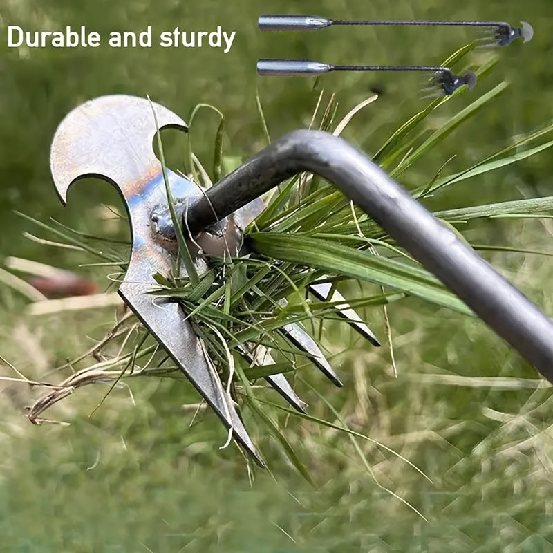 Outil de désherbage et de culture en fer, 4 dents ergonomiques, économe en effort, entretien gazon et jardin sans se pencher, poignée confortable.