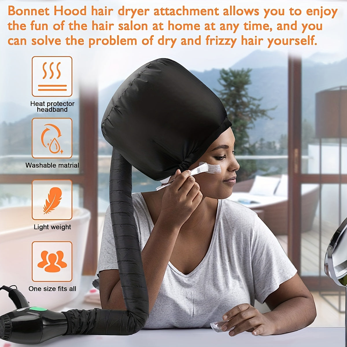 Soft hair dryer cap with headband, heat resistant, for deep conditioning and styling, without electricity, ideal for textured hair.