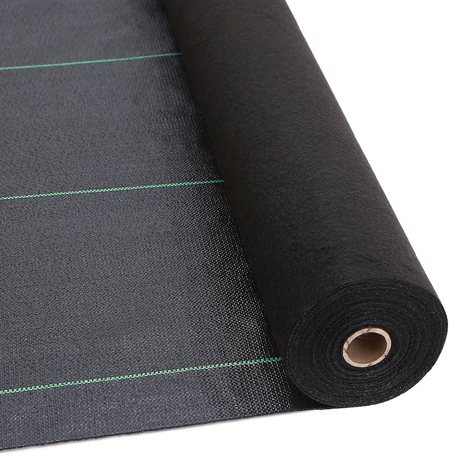 Rouleau de tissu paysager noir en PP non tissé, bordures vertes, durable, bloque les mauvaises herbes, perméable à l’eau, idéal potager et massifs floraux.