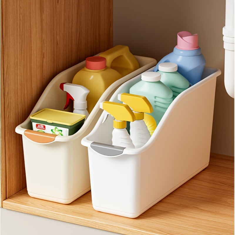 Lot de 2 bacs de rangement en plastique, design incurvé, multifonctions, pour produits ménagers et essentiels, organise efficacement la maison.