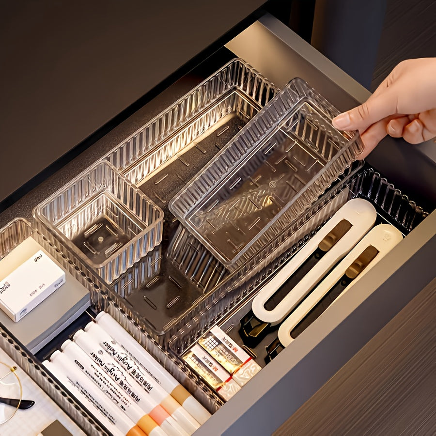 Lot de 4 et 7 boîtes de rangement en plastique transparent, 4 tailles, organisent cosmétiques, ustensiles, bureau ou accessoires de chambre et salle de bain.