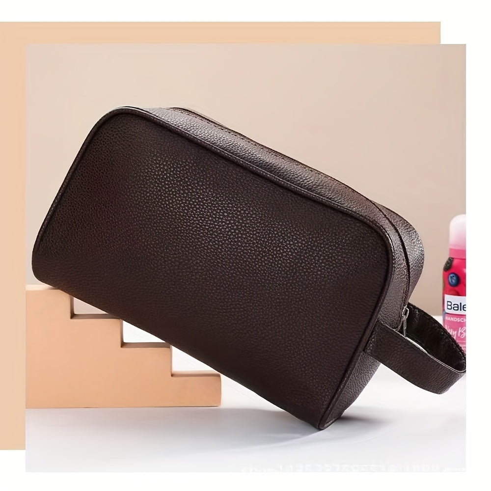 Trousse de toilette compacte unisexe pour voyage – polyester doux, légère, fermeture dorée, poignée pratique, portable, noire/brun/marine.