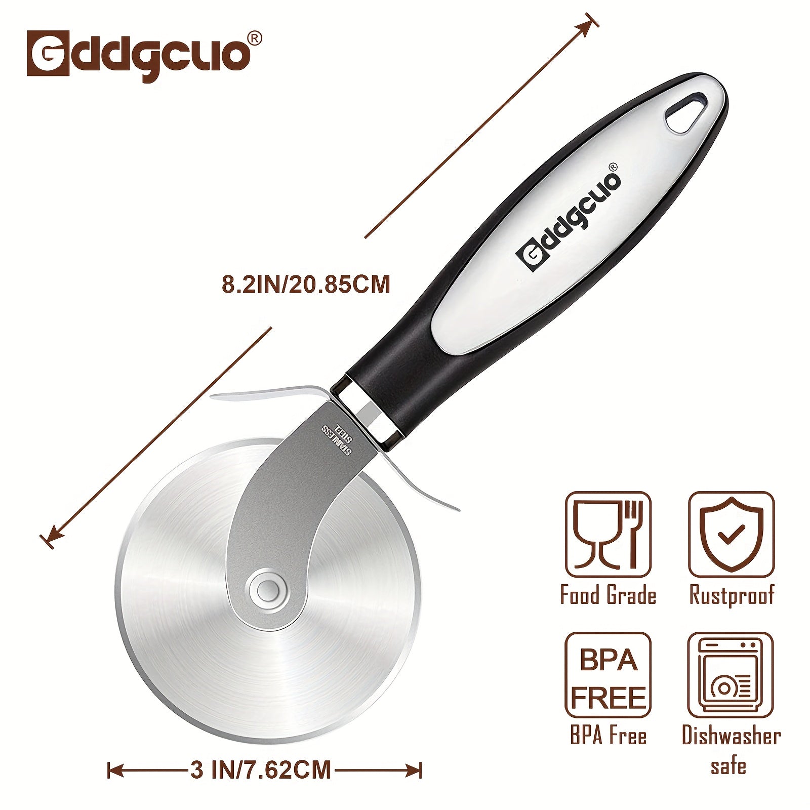 Coupe-pizza en acier inoxydable 430, durable, poignée antidérapante, découpe uniforme, outil de cuisson ergonomique pour usage maison ou professionnel.