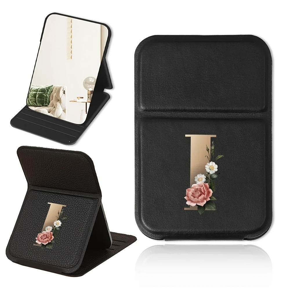 Portable folding makeup mirror, black and gold floral design, lightweight, waterproof and dustproof, perfect gift for teachers and loved ones.