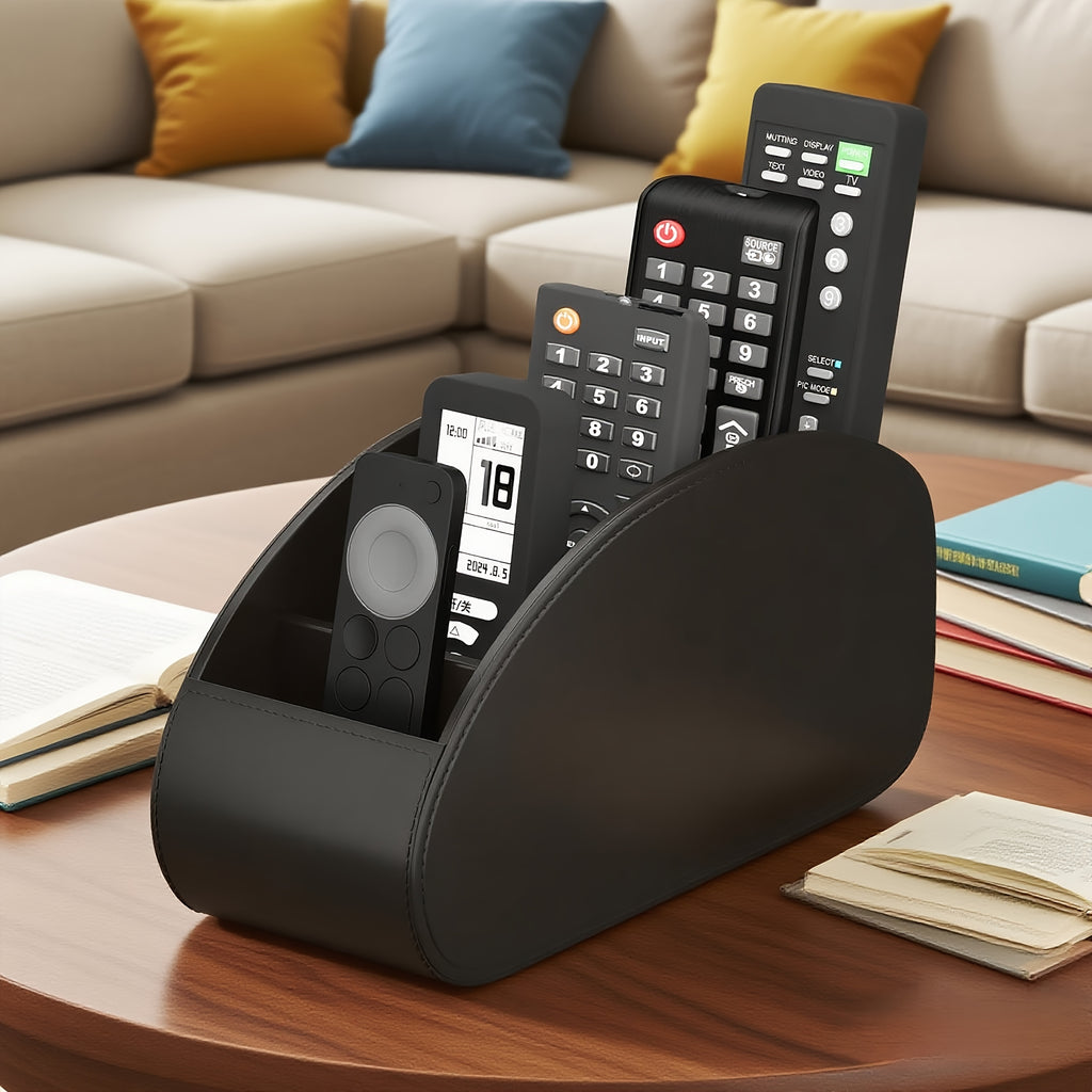 Organisateur télécommandes 5 compartiments, compatible TV/DVR, optimise espace salon, bureau ou chambre, pratique pour télécommandes, lunettes et petits accessoires.