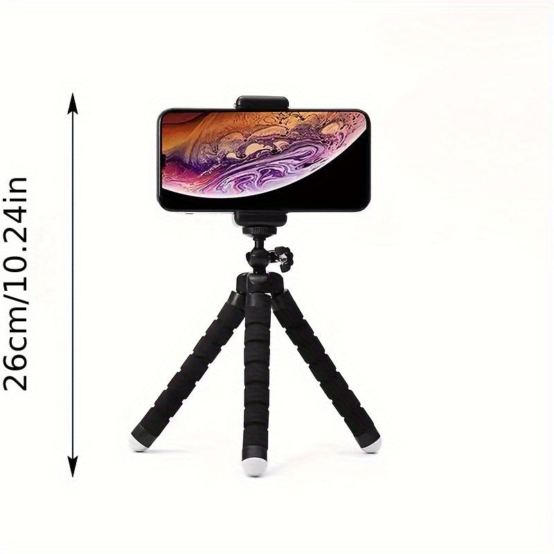 Flexible Octopus Tripod: Portable support for smartphone and camera, 360° rotation, foam grip, adjustable, universal clip, ideal for photo and video.