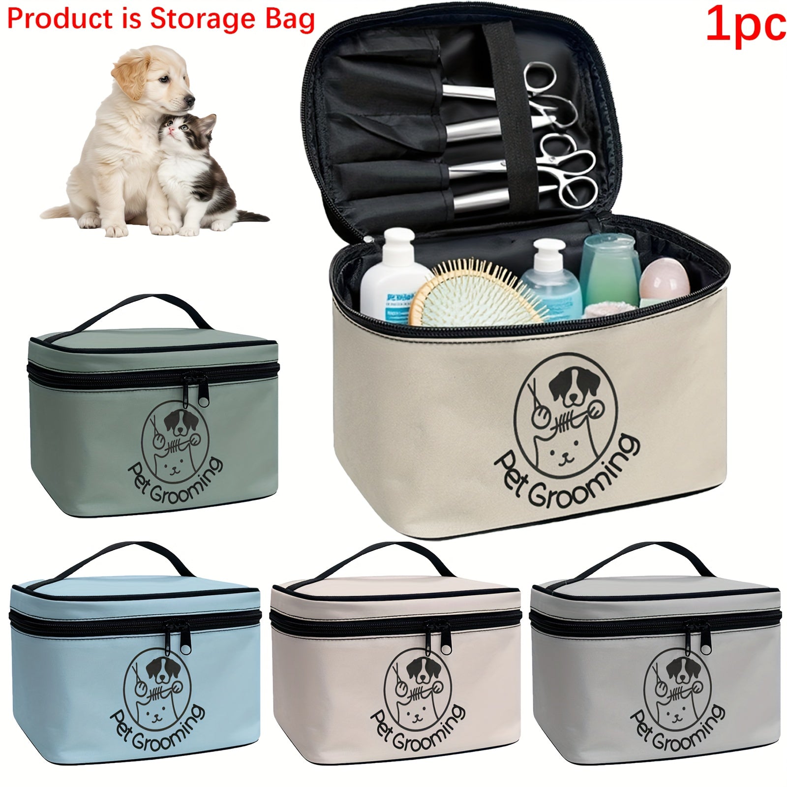Trousse de toilettage pour chiens et chats, poignée et double fermeture éclair, multi-compartiments, organise soins à domicile ou en voyage, design ludique, cadeau idéal.