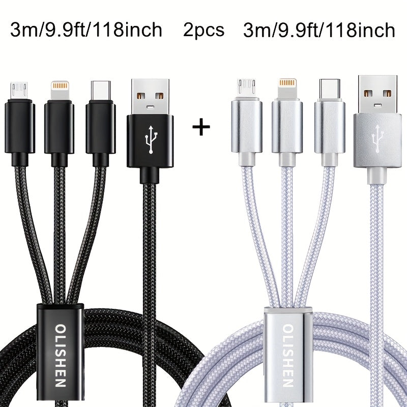 Lot de 2 Câbles 3-en-1 à Charge Rapide : Nylon tressé durable, compatible iPhone, Samsung, Xiaomi et autres, sortie 10 W, USB.