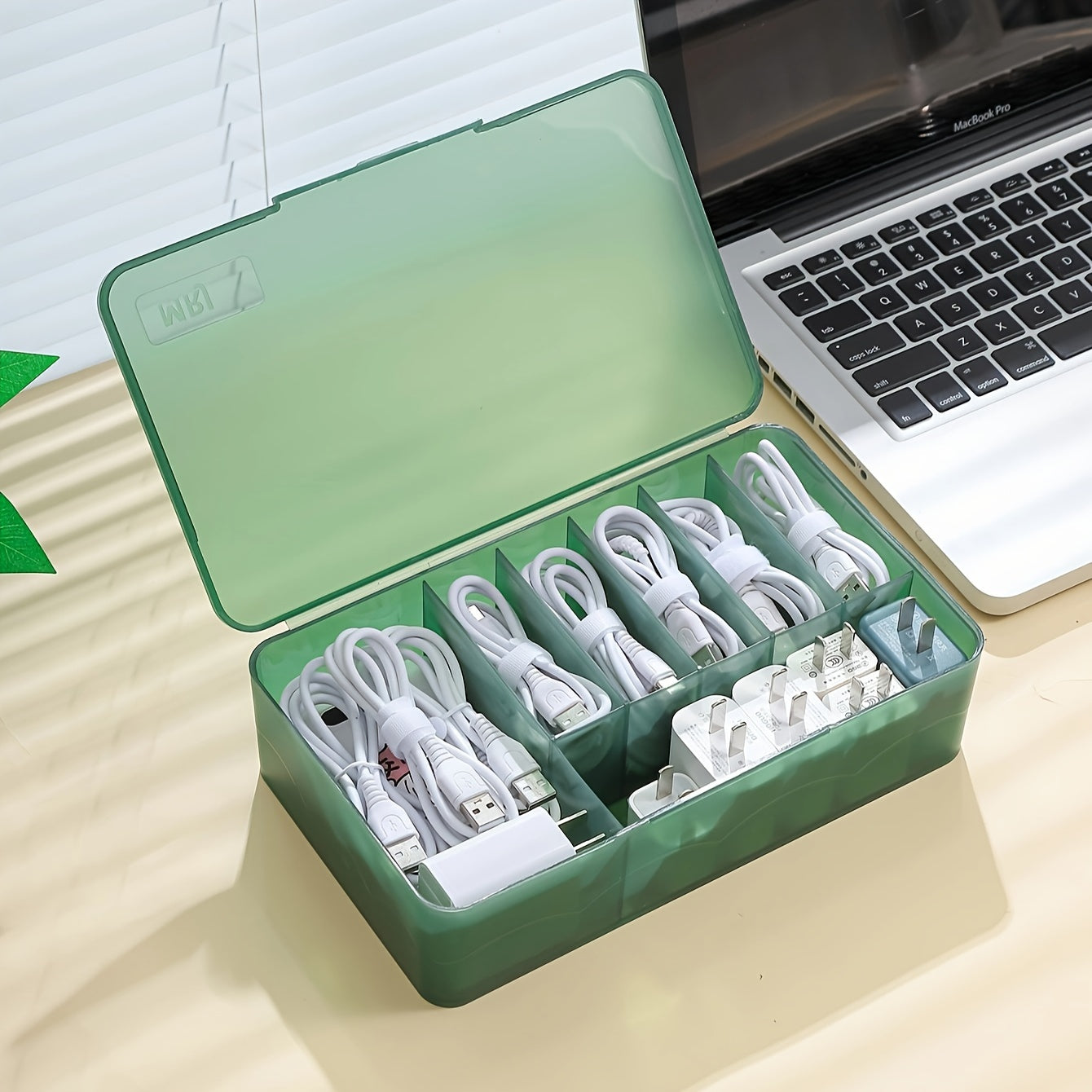 Versatile desk organizer with compartments, perfect for cables, chargers, cosmetics and accessories, portable for travel and everyday use.