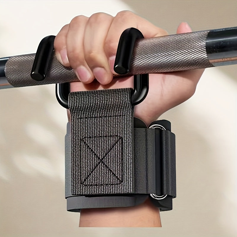 Set of 2 lifting hooks with adjustable wrist support bands, ideal for deadlifts, pull-ups and dumbbells, assistance for all levels.