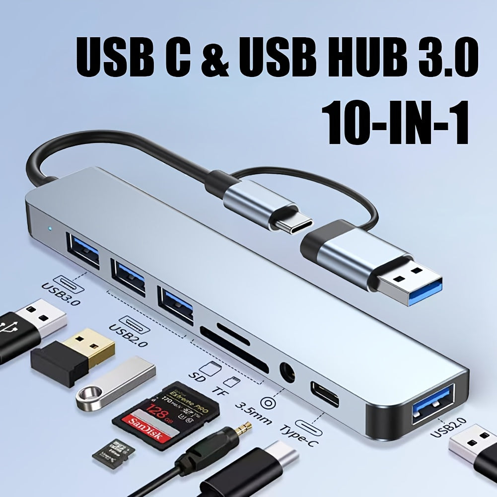 Multifunctional USB &amp; Type-C hub, with USB 3.0, USB-C, SD/TF and 3.5mm audio, versatile docking station for smartphones, tablets and computers.