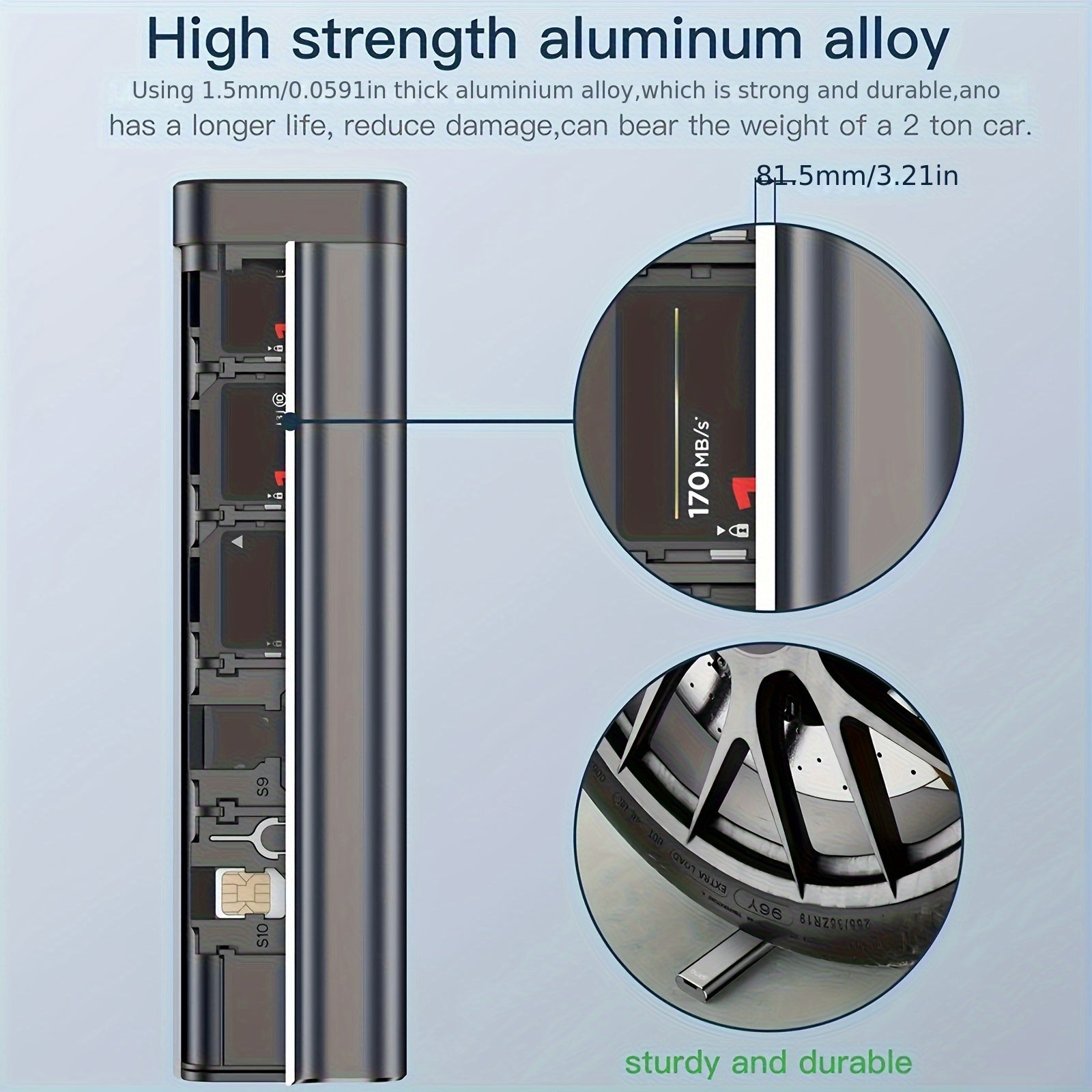 Boîtier métallique ultra-résistant pour cartes mémoire, sécurisé, compatible 27 Micro SD et 6 SD, antichoc, idéal pour organiser et protéger matériel photo.