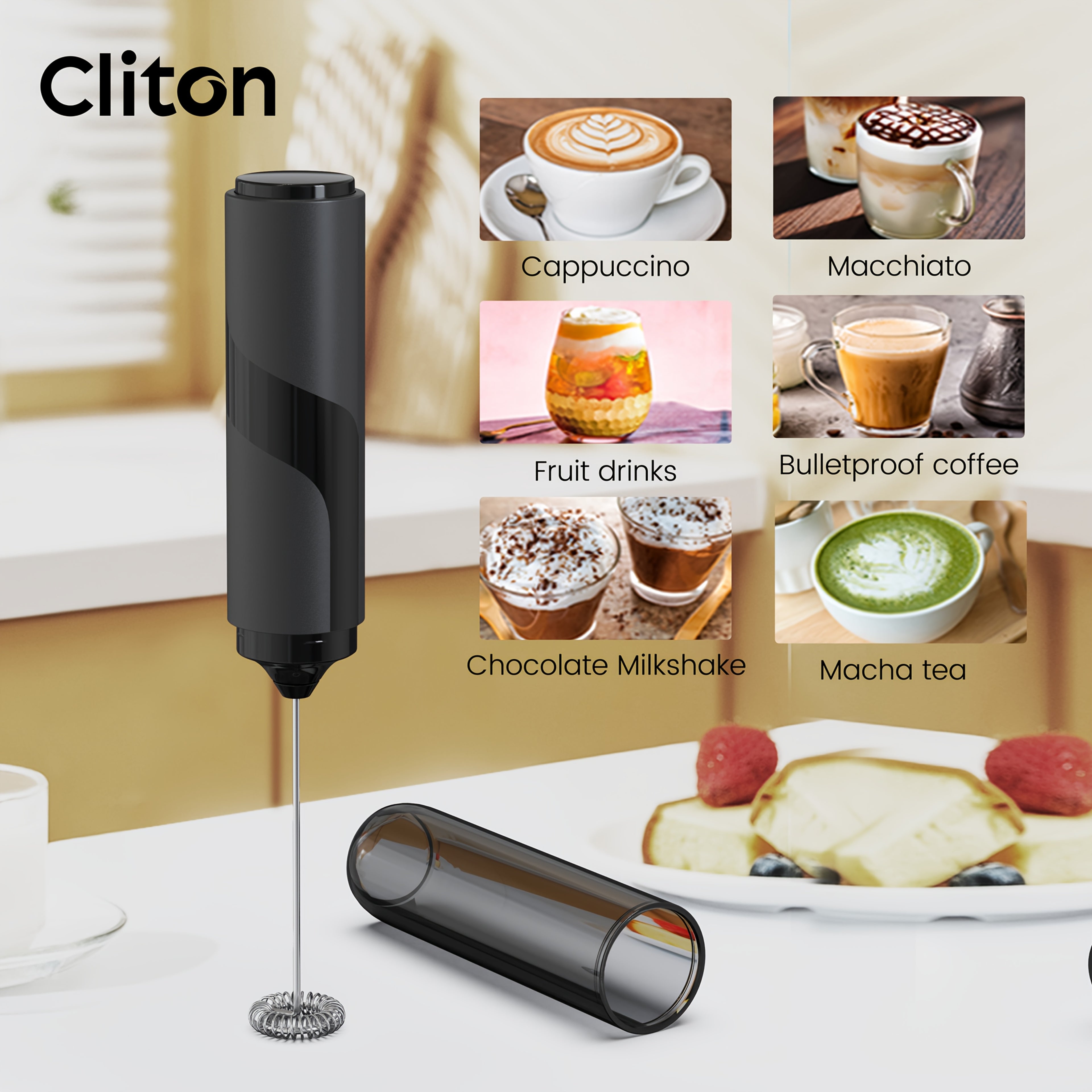 Mousseur à Lait Électrique CLITON : Portable, avec étui de rangement, parfait pour latte, cappuccino, smoothies protéinés, compact et idéal voyage ou cadeau.