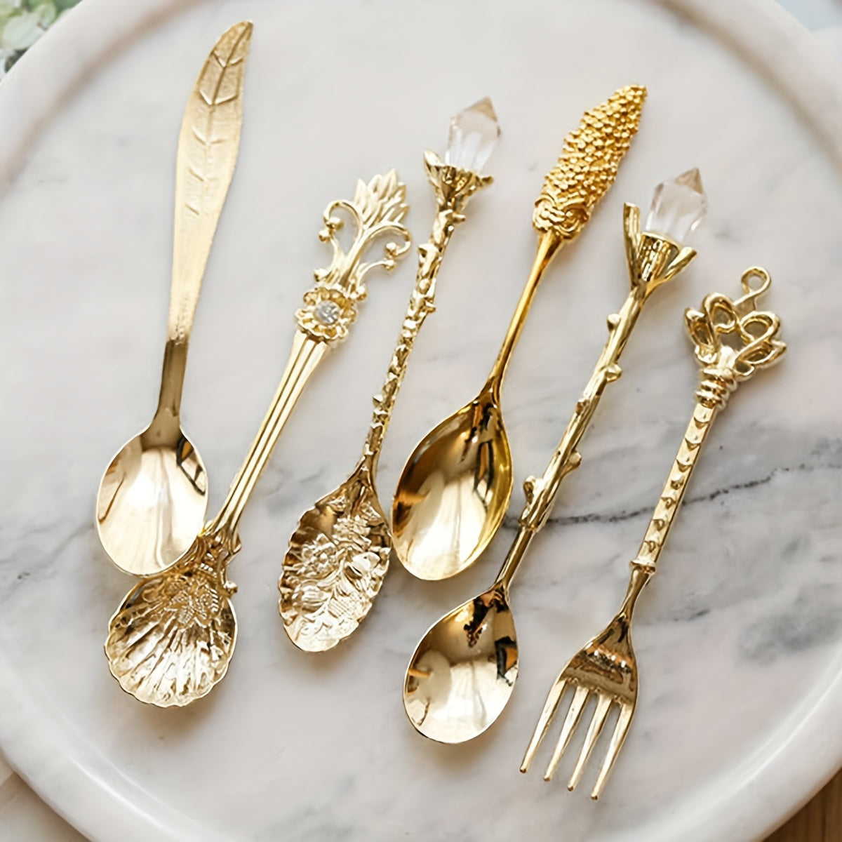 Set of 6 European Style Dessert Spoons: Vintage gold metal, for coffee and fruit, retro sculpted design, ideal for kitchen and table, random styles.
