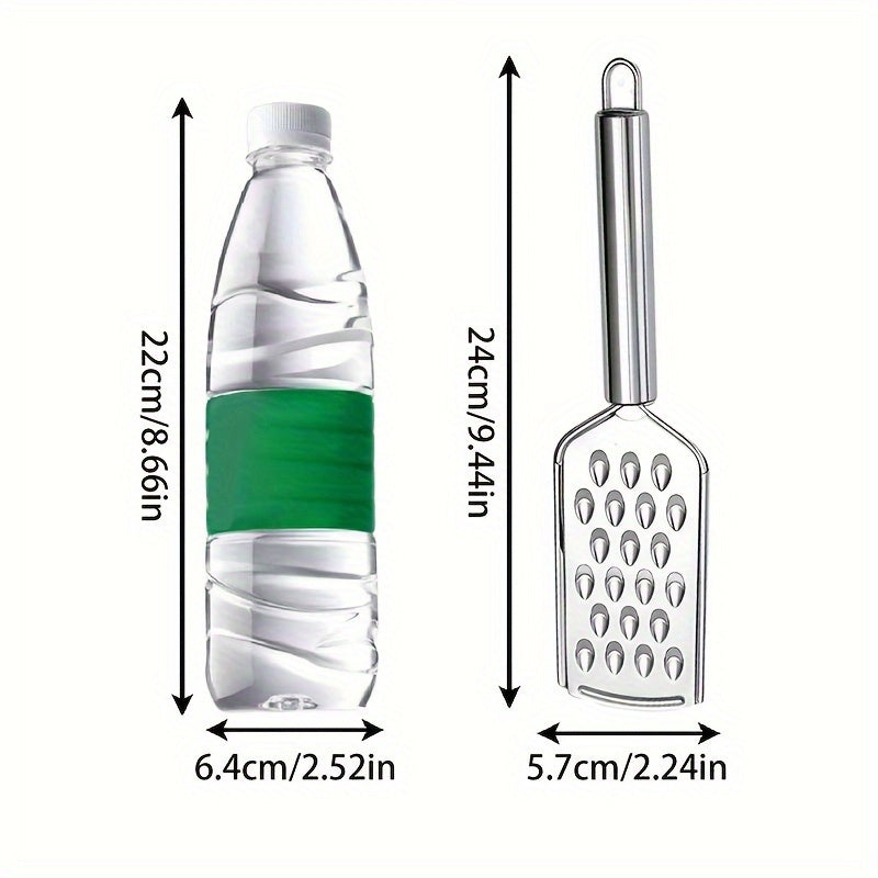 Set of 3 stainless steel kitchen utensils: peeler, grater and can opener, versatile for fruits, vegetables and potatoes.