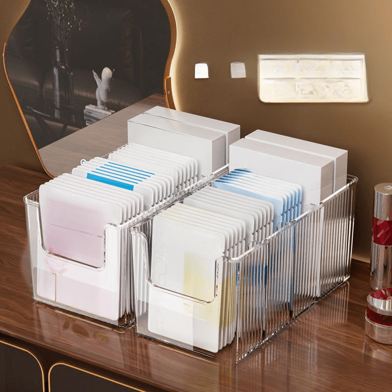 Boîte de rangement transparente avec compartiments amovibles, idéale pour ceintures, foulards, cravates, cosmétiques, bijoux et vêtements, pour tiroirs ou placard.