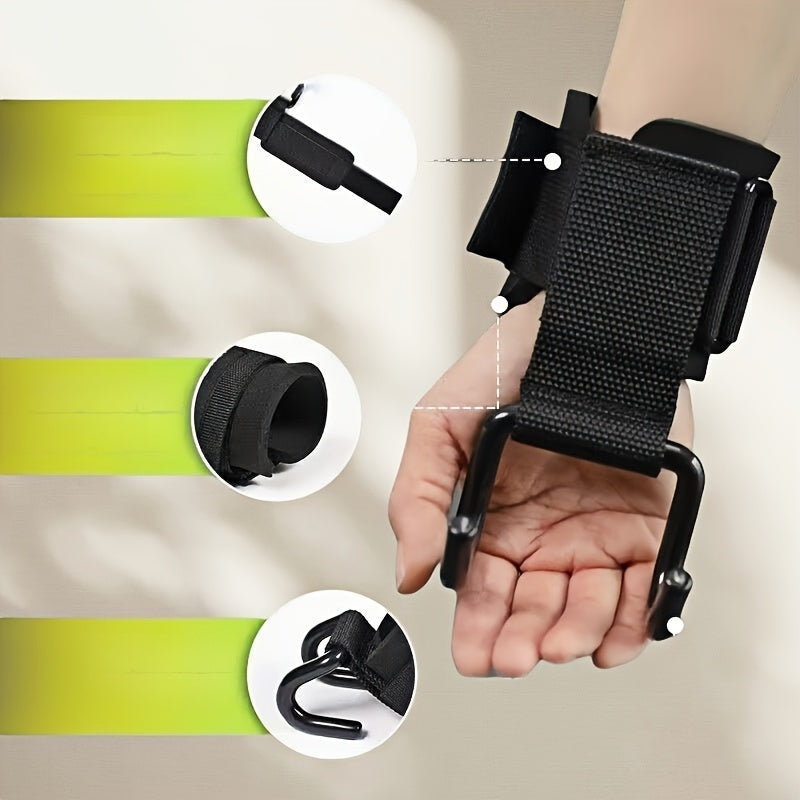 Set of 2 lifting hooks with adjustable wrist support bands, ideal for deadlifts, pull-ups and dumbbells, assistance for all levels.