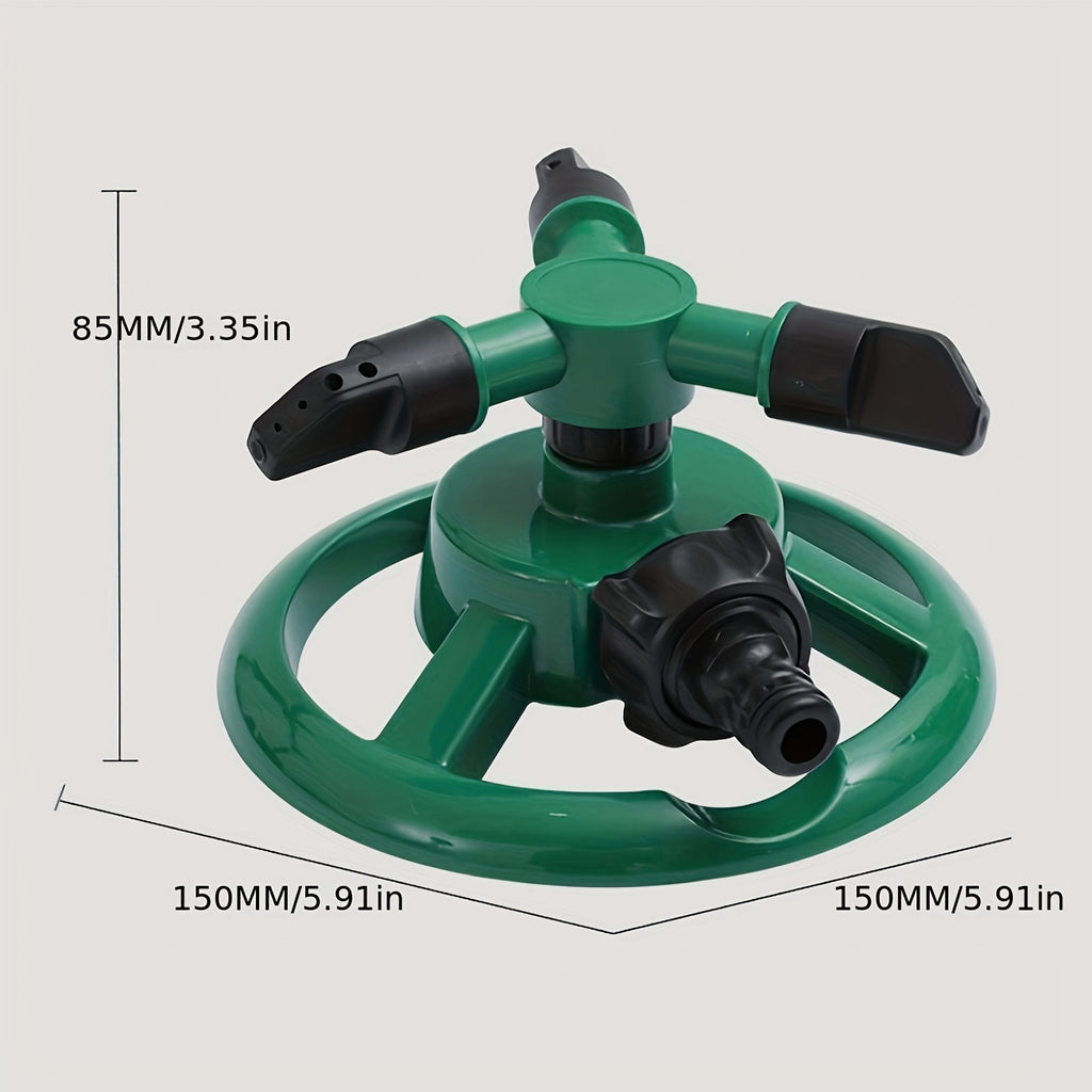 360° rotating sprinkler head, efficient garden irrigation, adjustable flow rate, complete lawn and plant coverage, green plastic design.