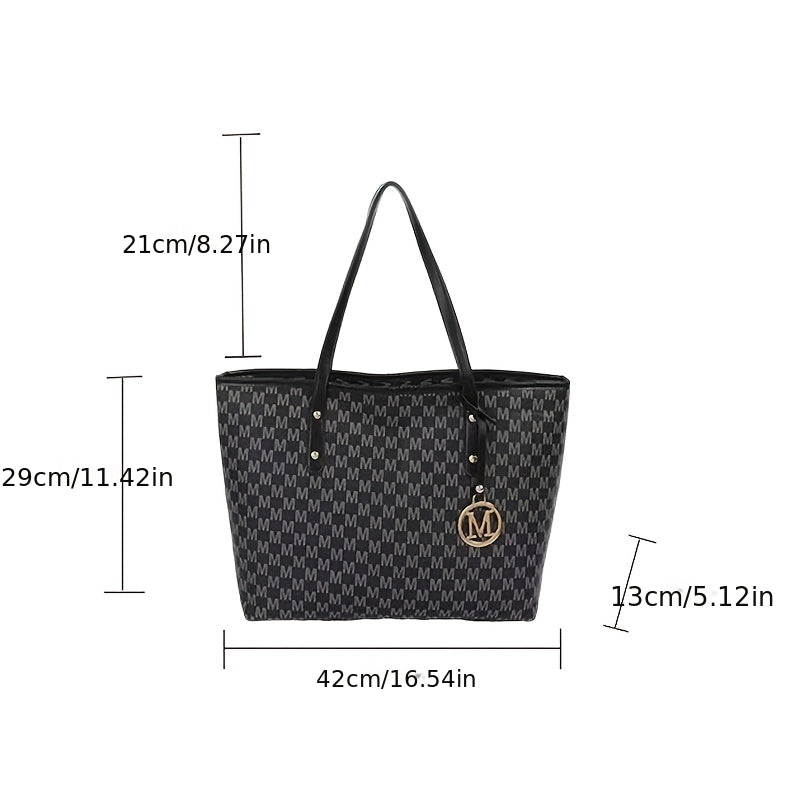 Grand sac fourre-tout féminin inspiré designer, cuir synthétique géométrique, bandoulière chaîne dorée amovible, monogramme 'M', léger pour bureau, école ou shopping.