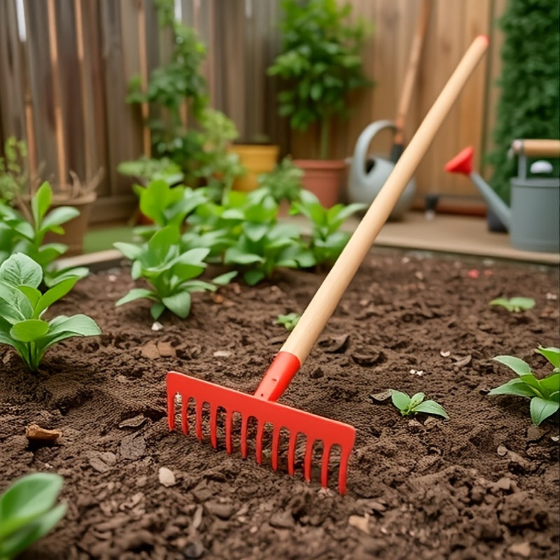 Râteau à feuilles et désherbage en métal robuste, dents durables, poignée ergonomique, efficace pour entretien de pelouse et jardin, construction solide.