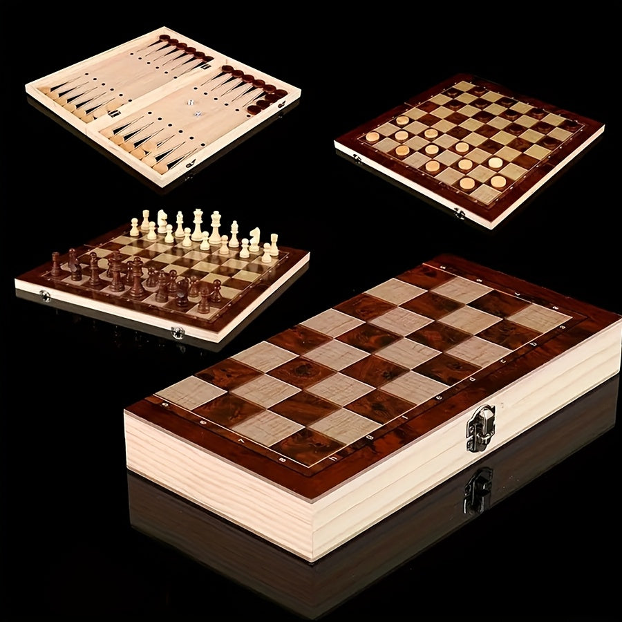 Wooden 3-in-1 chess set, foldable and portable, sizes 24 cm and 34 cm, ideal for games on the go.