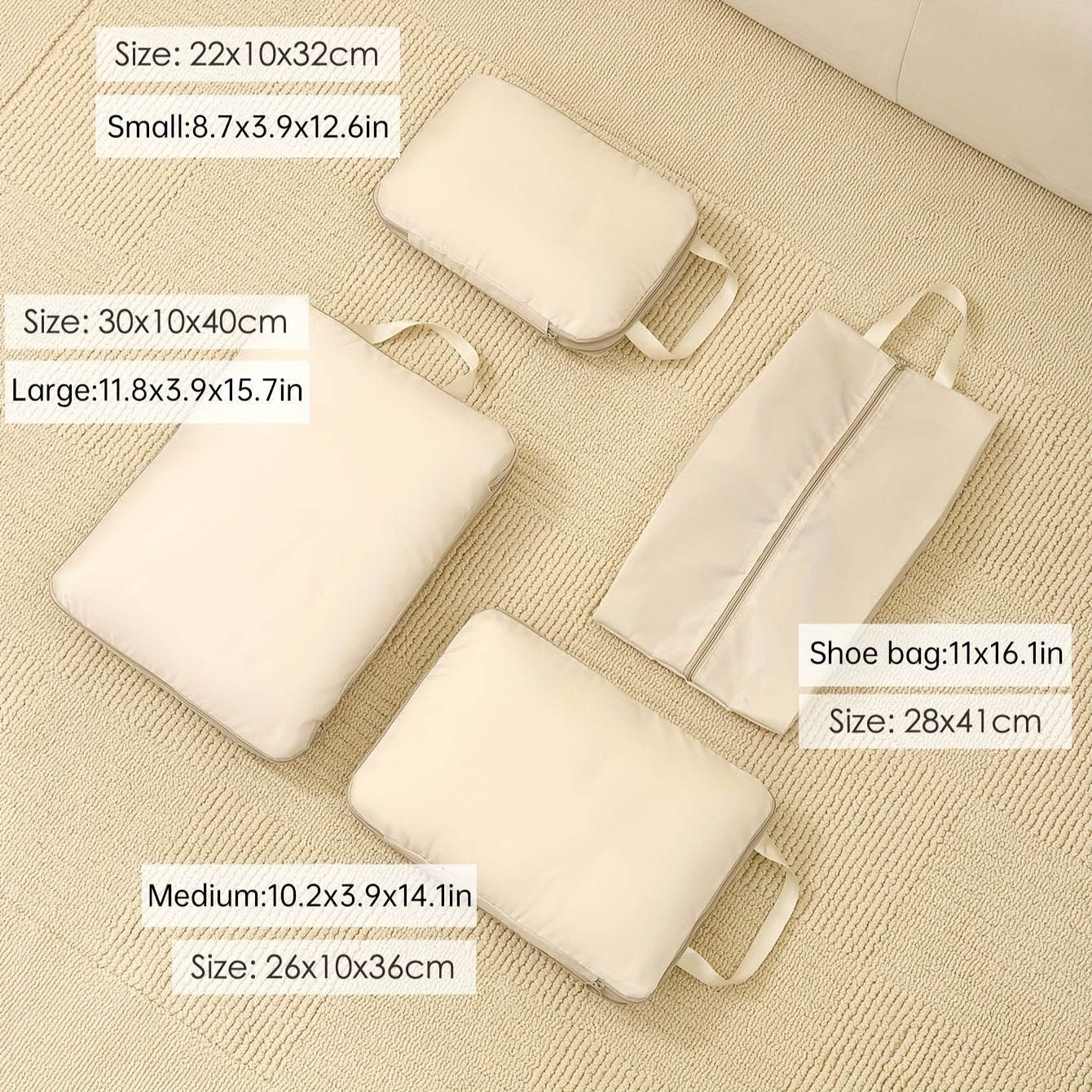 Waterproof and portable travel storage bags for clothes, shoes and toiletries, making luggage organization and packing easier.