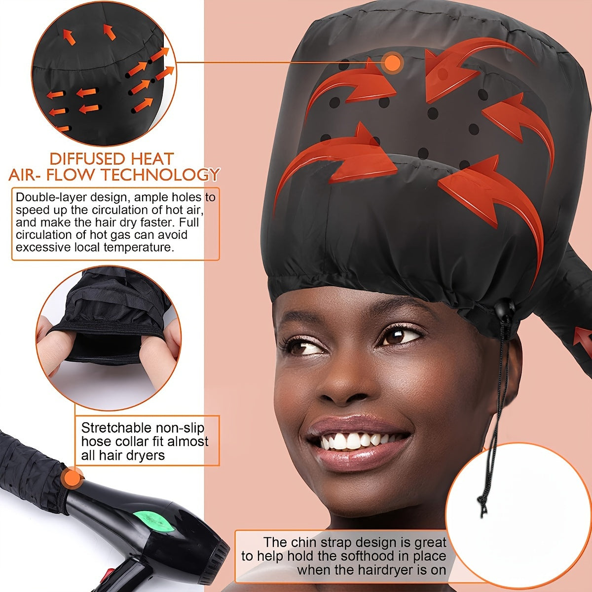 Soft hair dryer cap with headband, heat resistant, for deep conditioning and styling, without electricity, ideal for textured hair.