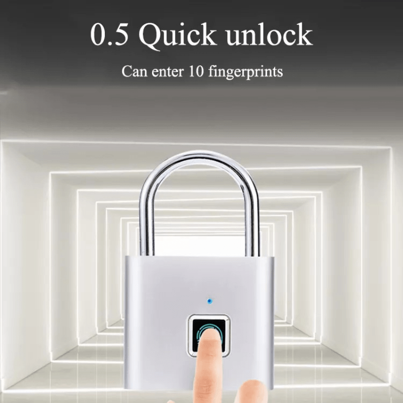 Compact smart fingerprint padlock, waterproof, keyless, USB rechargeable, lightweight aluminum, ideal for suitcases and backpacks.
