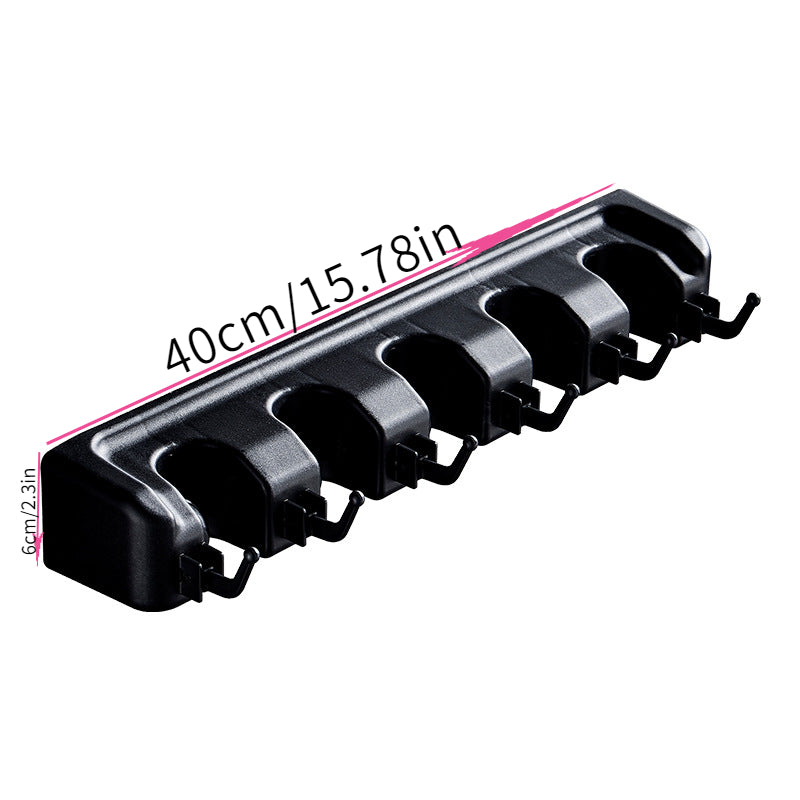 Support mural pour balais et vadrouilles, plastique anti-rouille, organise outils de jardin, buanderie ou garage, avec crochets pour râteaux, pelles et balais.