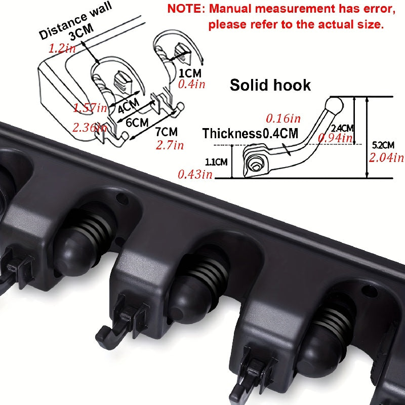 Support mural pour balais et vadrouilles, plastique anti-rouille, organise outils de jardin, buanderie ou garage, avec crochets pour râteaux, pelles et balais.