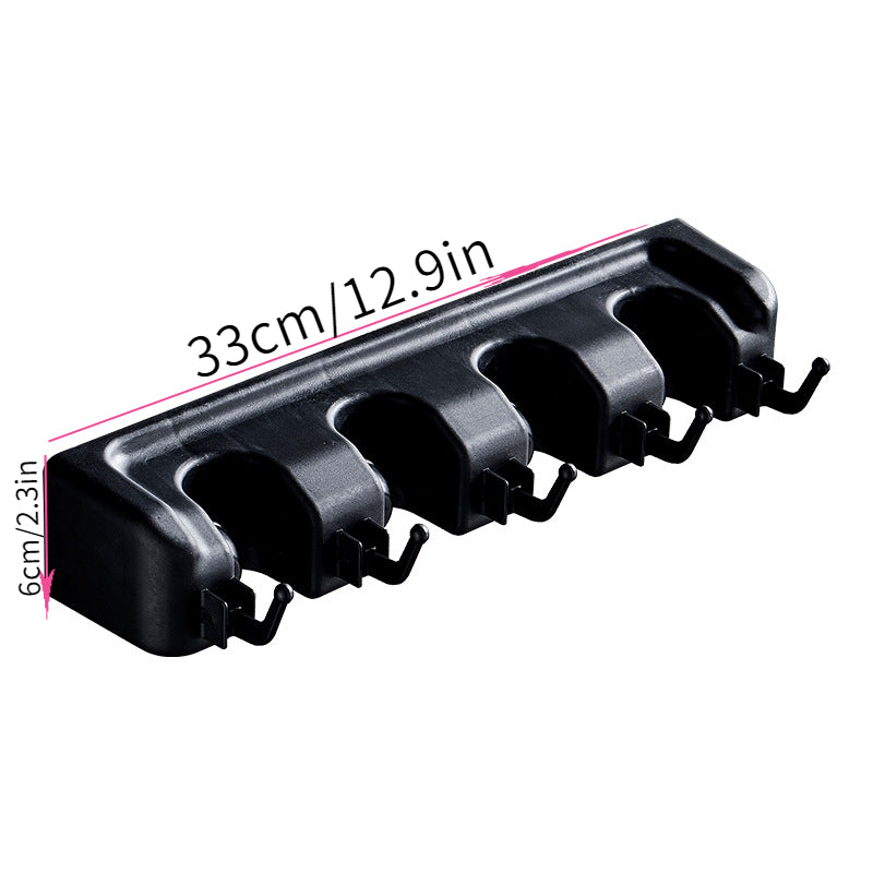 Support mural pour balais et vadrouilles, plastique anti-rouille, organise outils de jardin, buanderie ou garage, avec crochets pour râteaux, pelles et balais.