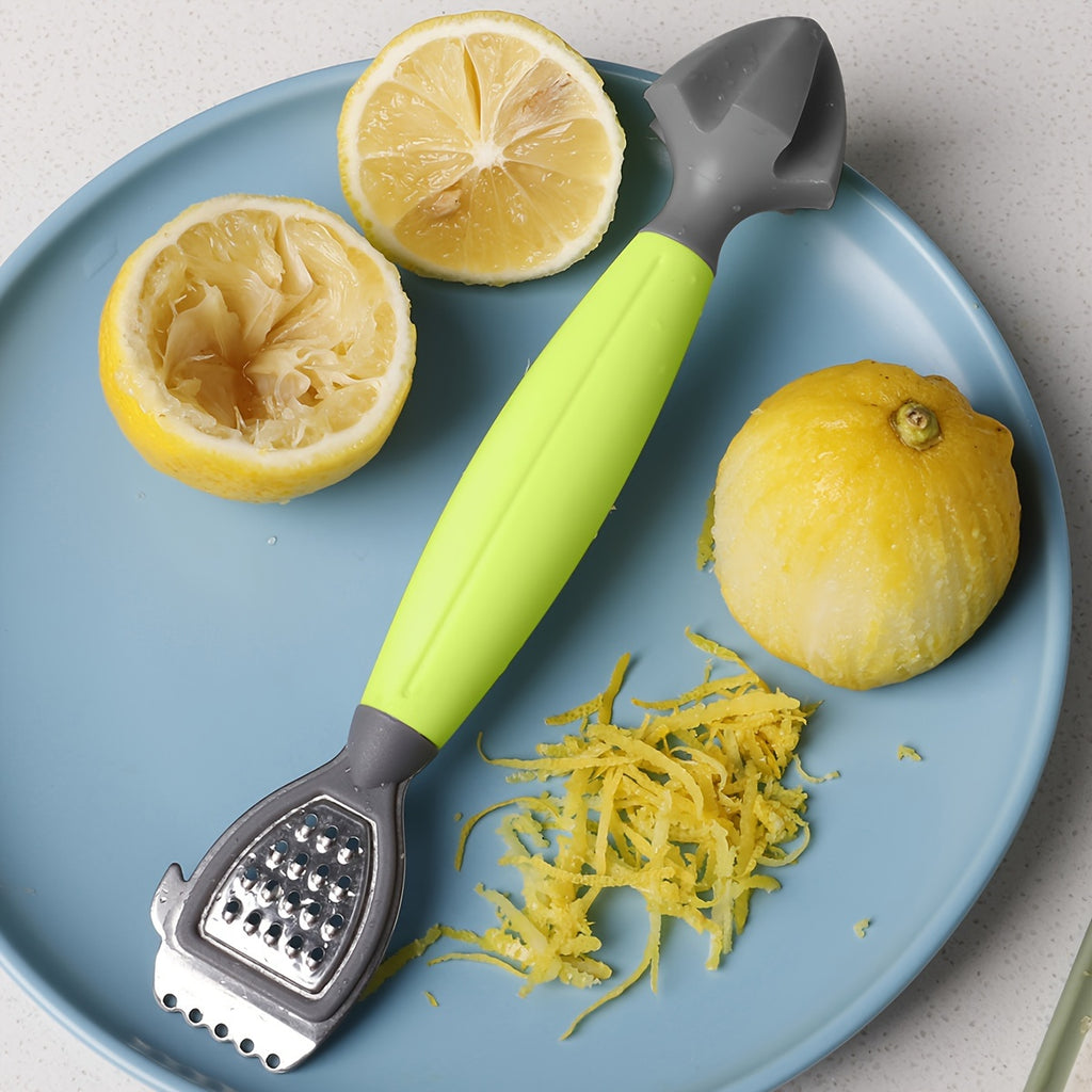 Zesteur et presse-citron multifonction vert, lame inox, râpe intégrée, ergonomique et durable, idéal pour jus et râpage d’agrumes en cuisine.