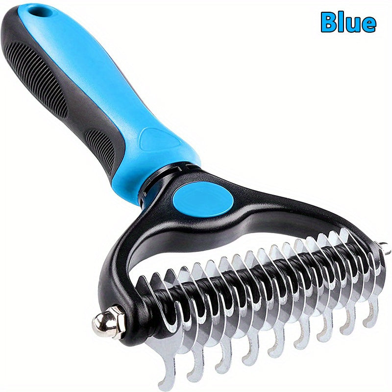Double-sided pet grooming brush. Ideal for removing loose hair and tangles, wide and blue, for dogs and cats.