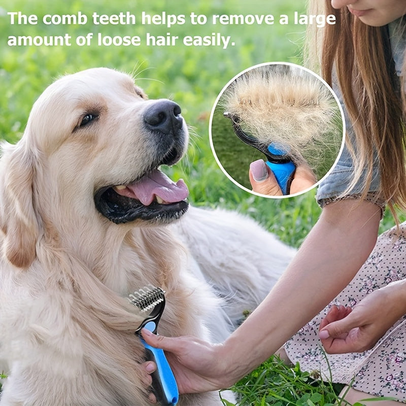 Double-sided pet grooming brush. Ideal for removing loose hair and tangles, wide and blue, for dogs and cats.