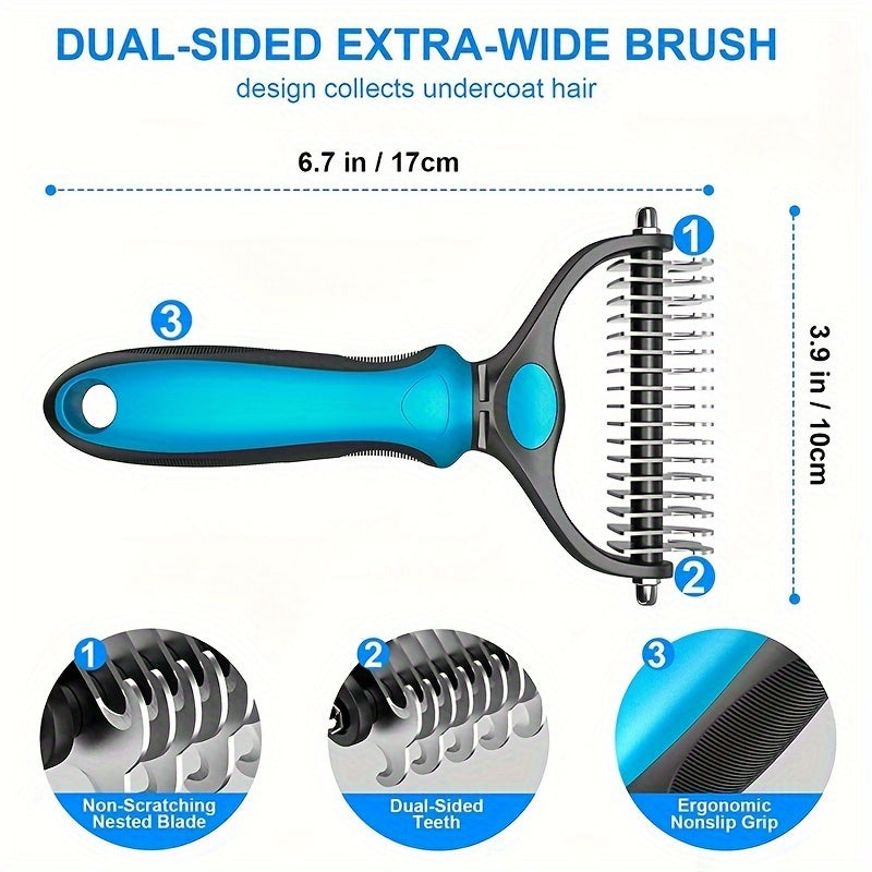 Double-sided pet grooming brush. Ideal for removing loose hair and tangles, wide and blue, for dogs and cats.