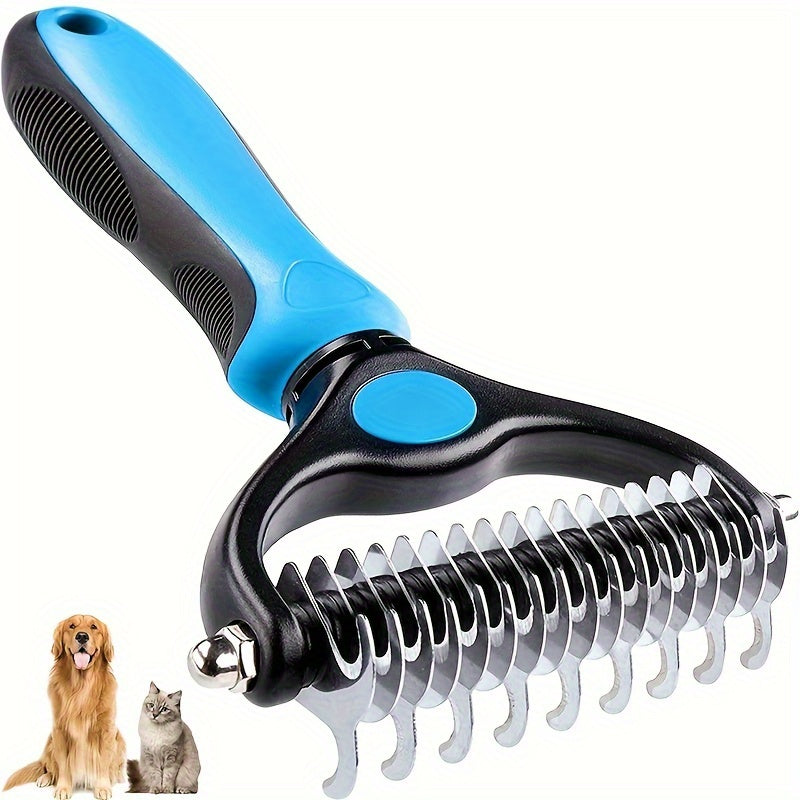 Brosse de toilettage double face pour animaux. Idéale pour l'élimination des poils morts et les nœuds, large et bleue, pour chiens et chats.