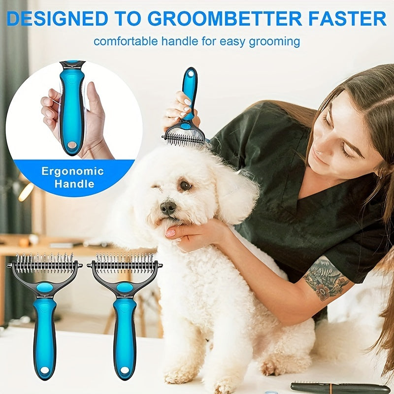 Brosse de toilettage double face pour animaux. Idéale pour l'élimination des poils morts et les nœuds, large et bleue, pour chiens et chats.