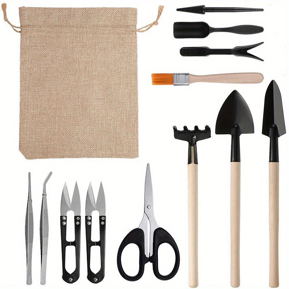 13-piece mini gardening tool kit, metal and wood, ideal for bonsai and transplanting, comes with a handy pouch.