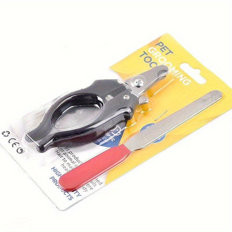 Pet nail clipper and file set (2 pieces). Non-slip handle, durable stainless steel, with guard and locking mechanism.