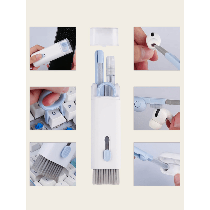 Kit de nettoyage 7-en-1 pour clavier et appareils électroniques, pinceau à poils doux, extracteur de touches, portable, poignée ergonomique, pour ordinateurs, casques et téléphones.