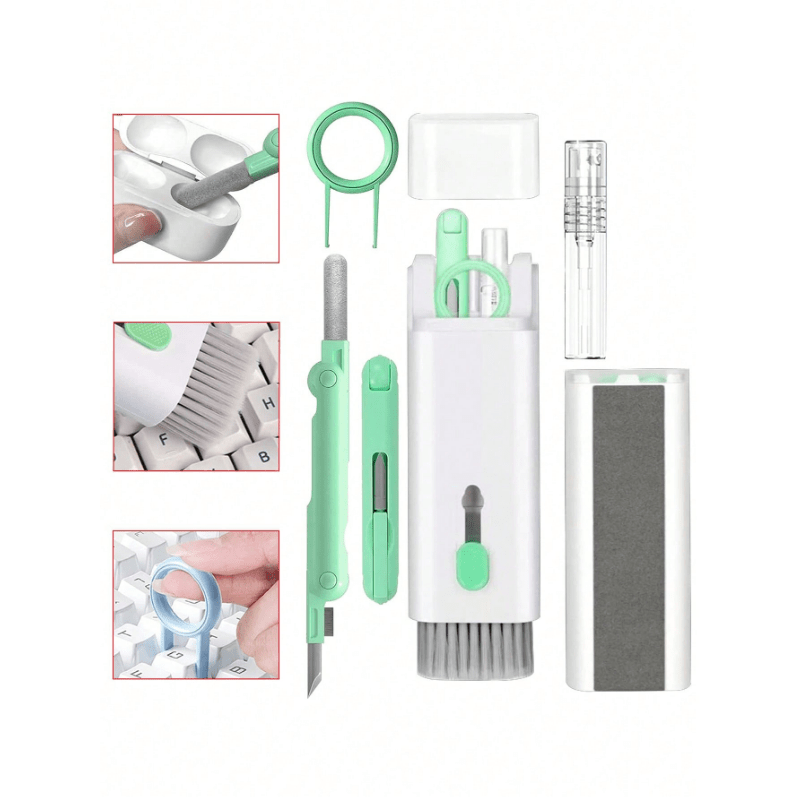 Kit de nettoyage 7-en-1 pour clavier et appareils électroniques, pinceau à poils doux, extracteur de touches, portable, poignée ergonomique, pour ordinateurs, casques et téléphones.